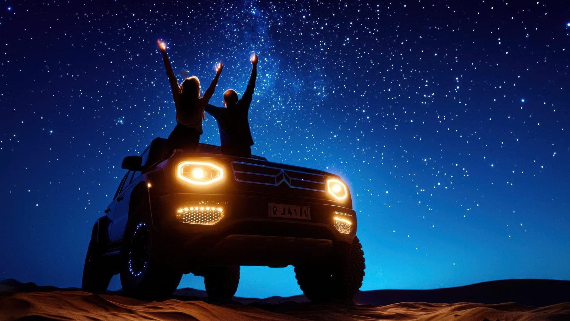 35 Couple stargazing on car hood in desert