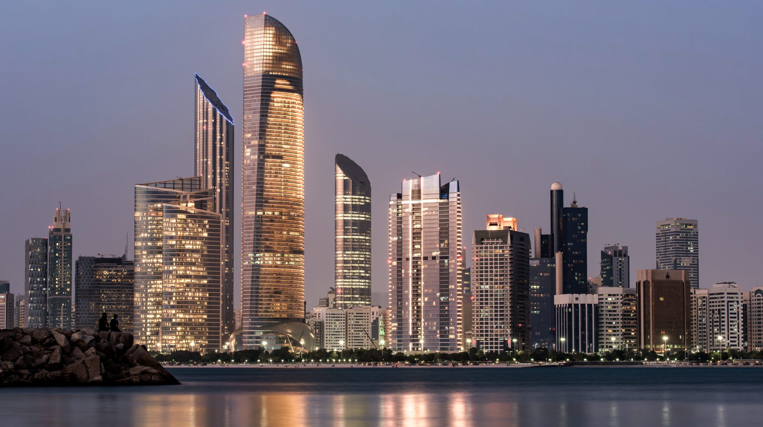 June 23, 2018: Abu Dhabi Seascape with skyscrapers in the background at evening, UAE
