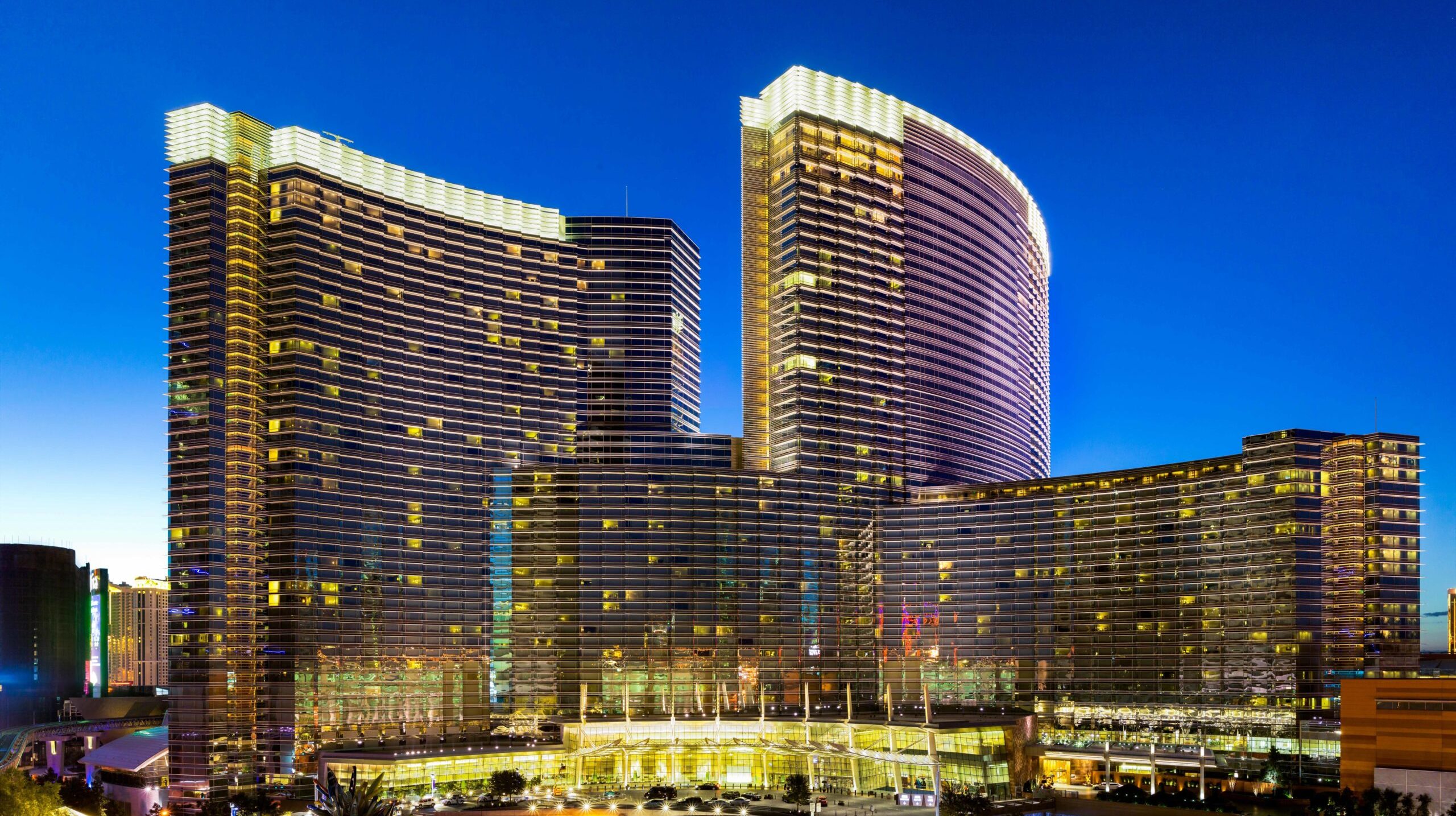 An aerial shot of the Aria hotel in Las Vegas