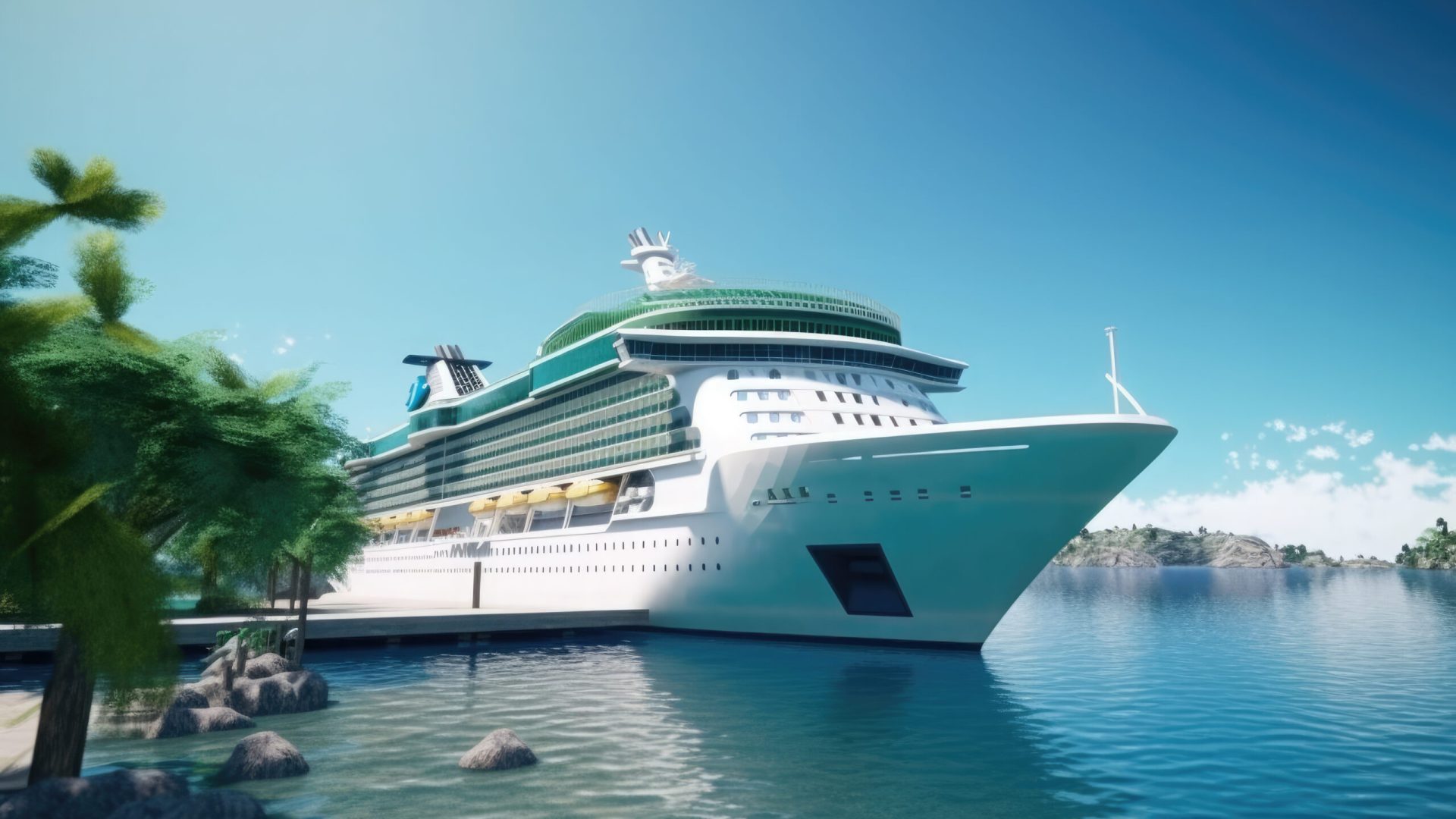 big luxurious cruise ship docked in a nice harbor.