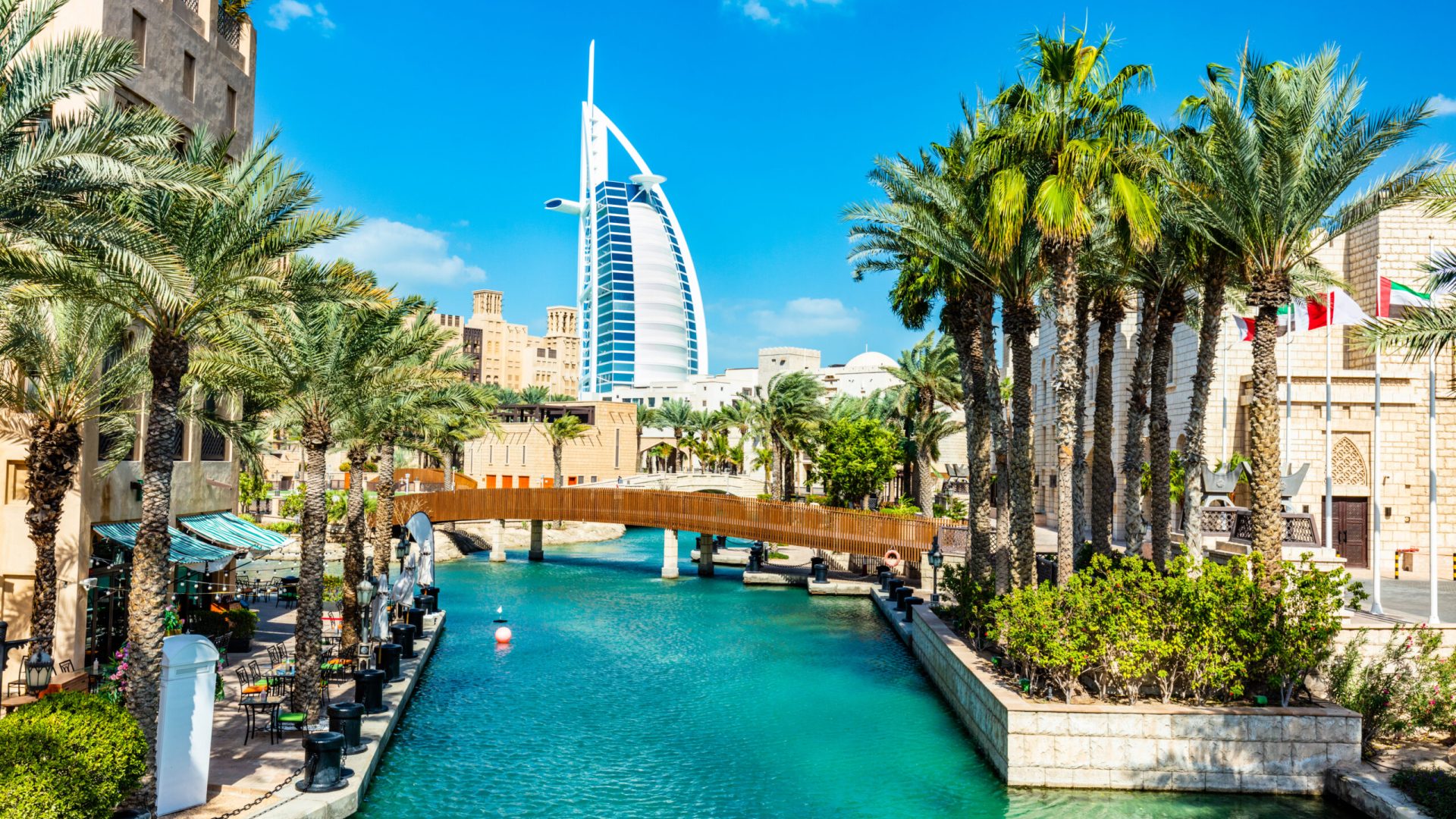 Burj Al Arab seen from madinat jumeirah in Dubai UAE. Traditional Arabian mini city