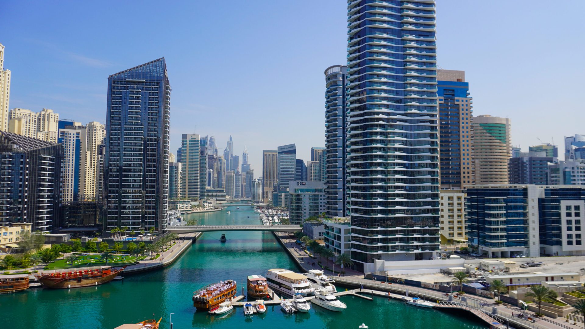 Dubai Marina in Dubai, UAE. View of the skyscrapers and the canal,