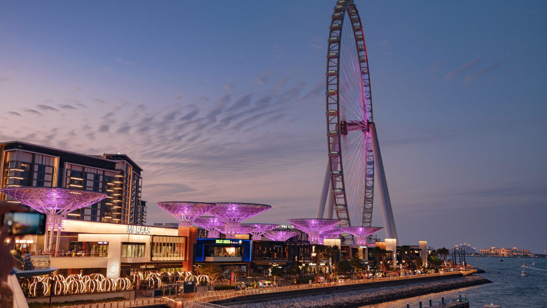 Dubai, United Arab Emirates, March 26, 2023: night view of tallest ferris wheel in world Ain Dubai, located in Blue waters by Meraas.