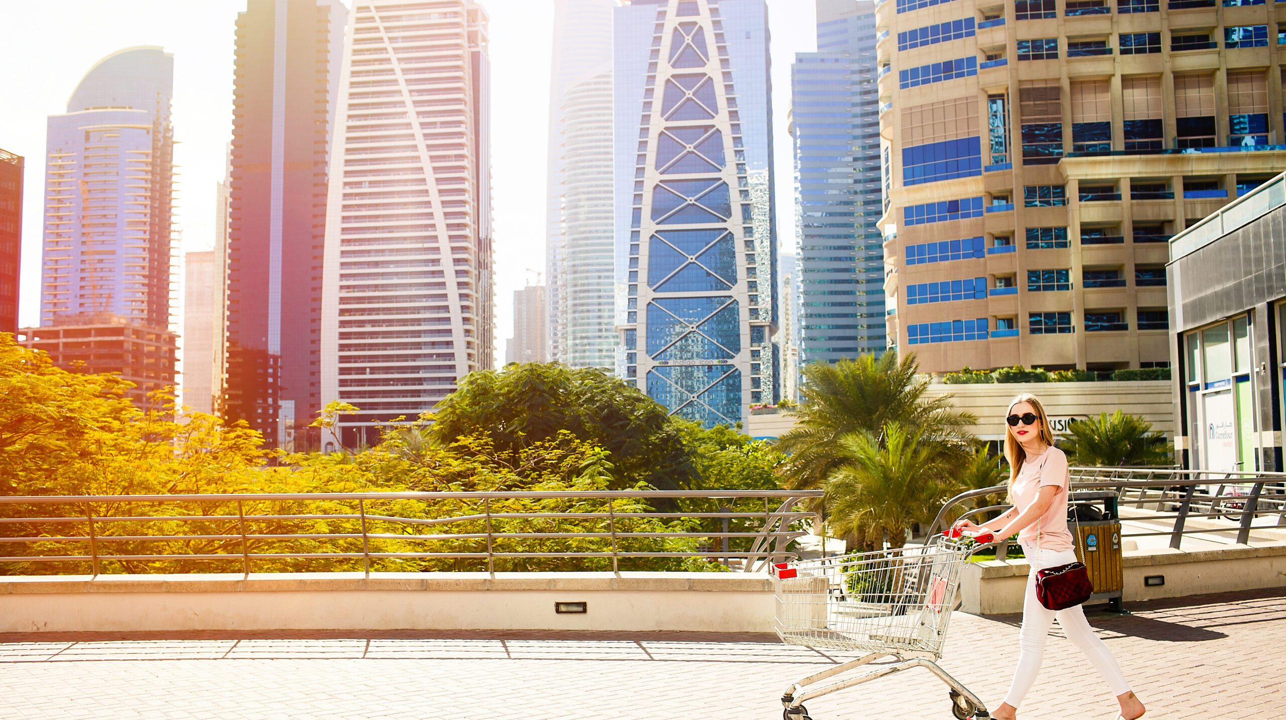 Girl with shopping carriage walks across the bridge before skyscrapers