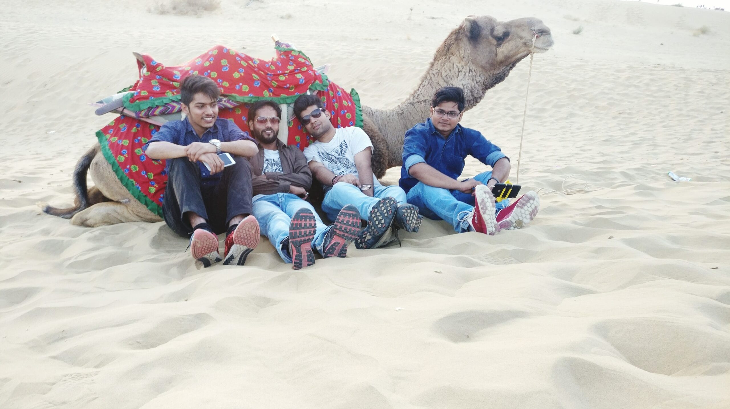male-friends-sitting-with-camel-desert