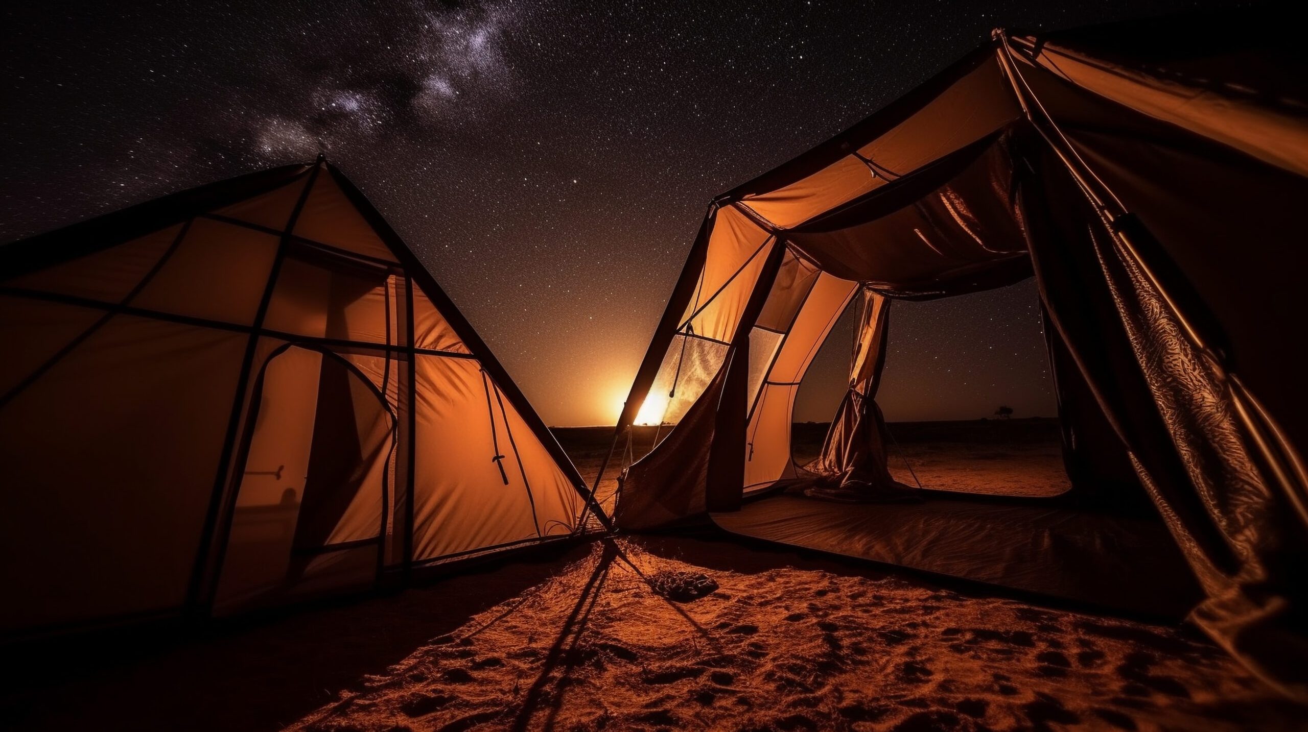 Milky Way illuminates dome tent on mountain generated by artificial intelligence