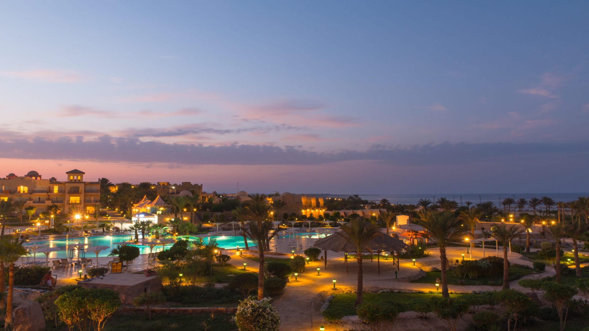 Marsa Alam, Egypt - October 12, 2012 - Pensee Royal Azur tourist resort pools at night