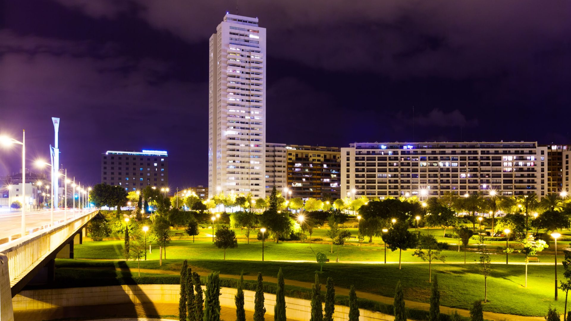 residential district at banks of the Turia in night. Valencia, Spain