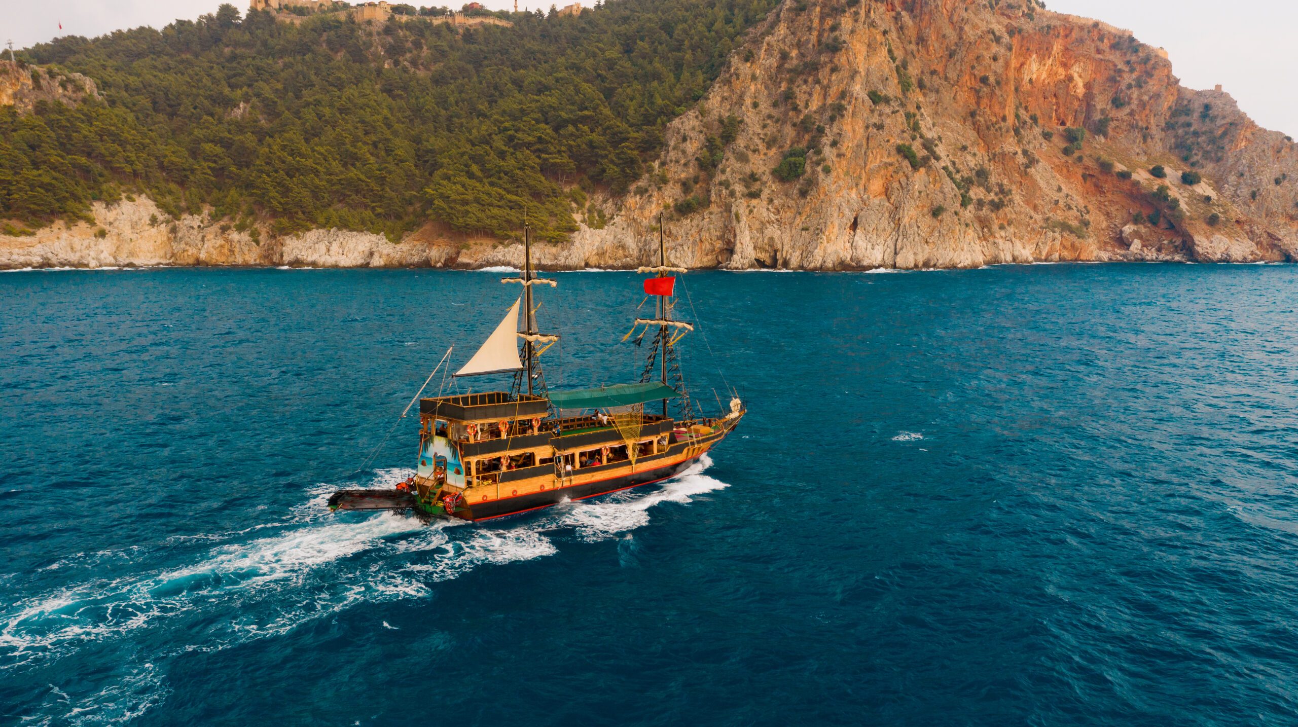 Sailboat in the sea on a beautiful day, luxury summer adventure, active vacation in Mediterranean sea, Turkey
