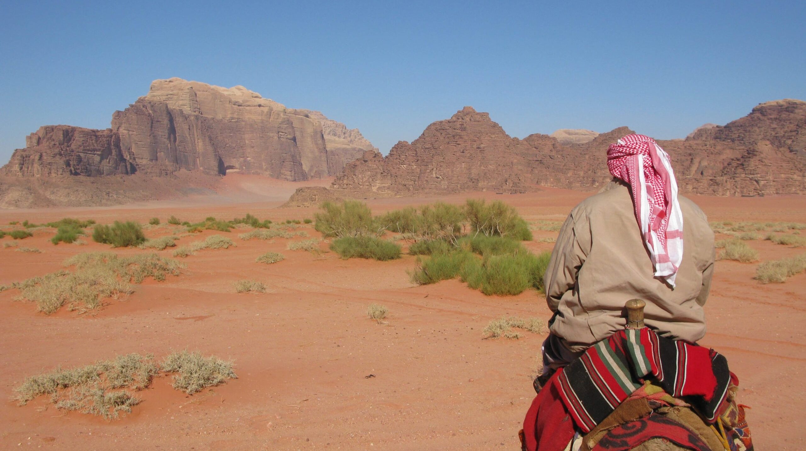 A shallow focus shot of an Arabian male traveling on a horse in a desert
