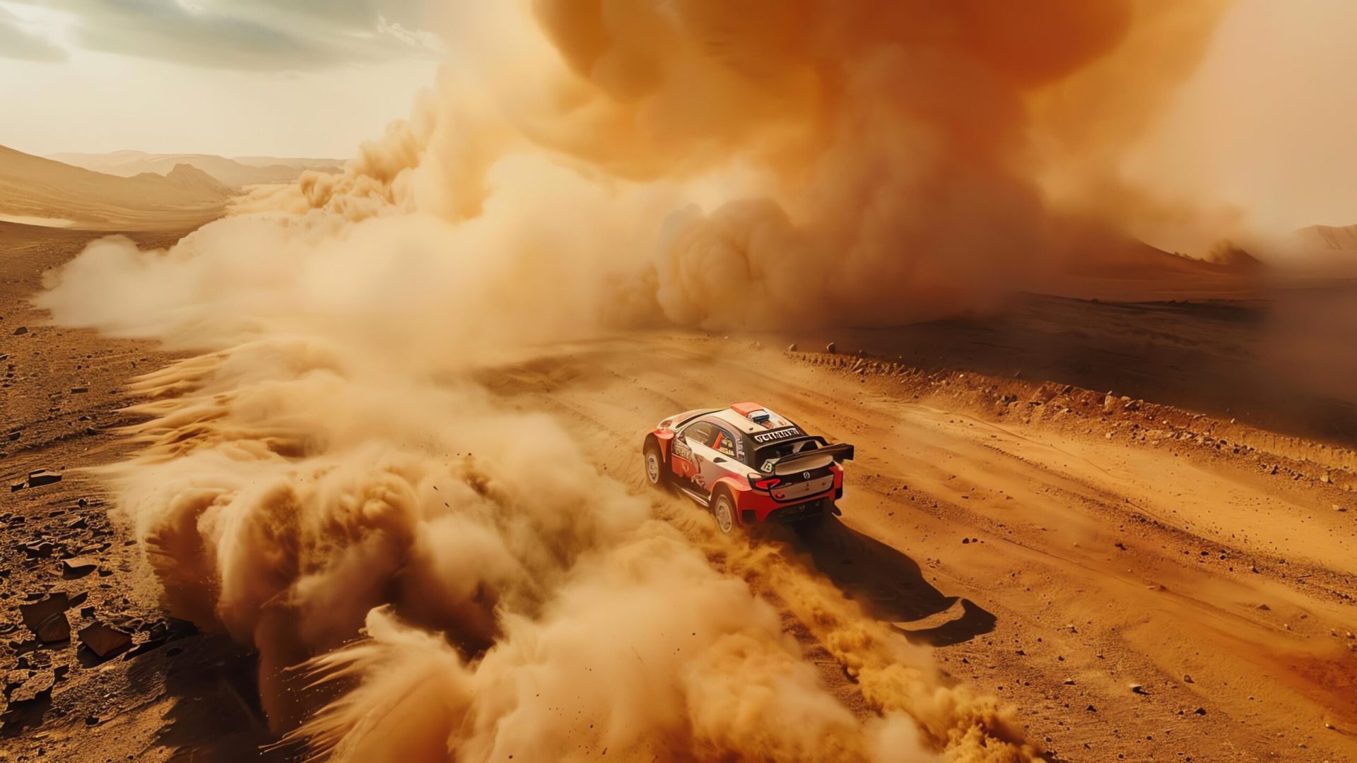 This is an impressive shot of a rally car racing through the desert. The car is surrounded by a huge cloud of dust.