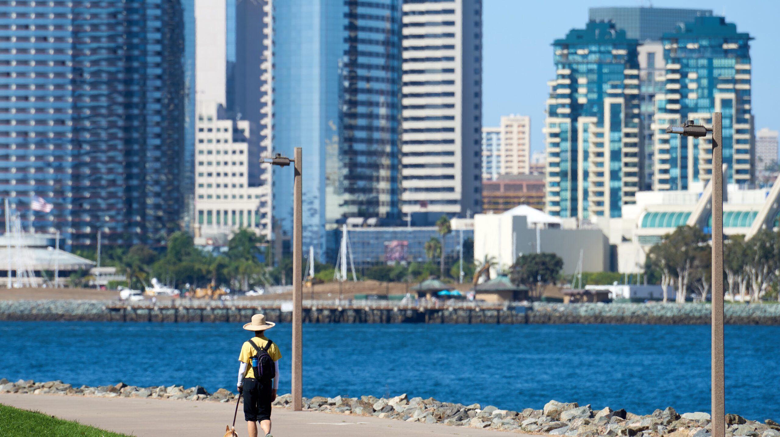 Woman with round classic hat walking the dog in waterfront park. San Diego, California